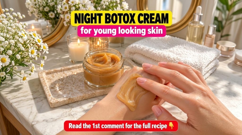 A hand applying a thick caramel-colored cream from a glass jar onto another hand with a blurred background of flickering