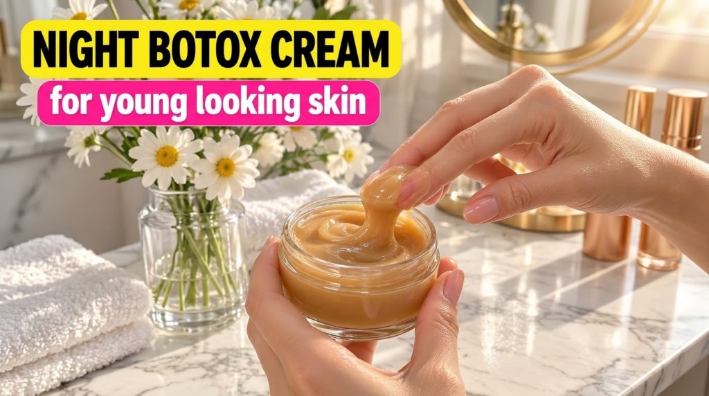 Hands scooping a thick caramel-colored cream from a clear jar with a soft bathroom background