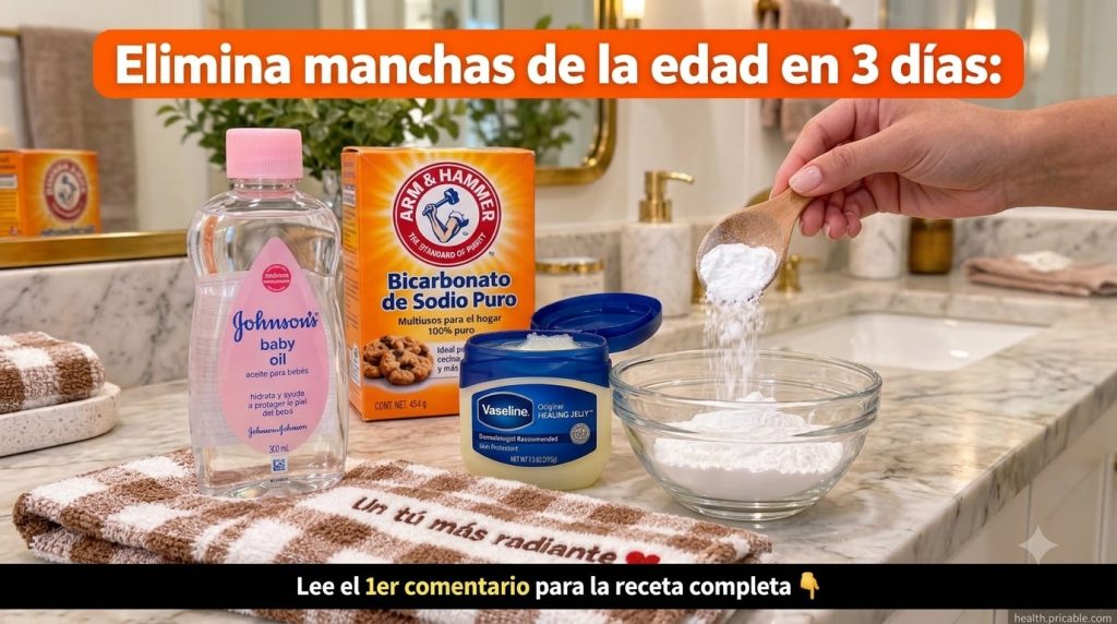 Ingredients for age spot remedy baby oil baking soda and Vaseline laid out on a marble surface with a bowl of baking sod
