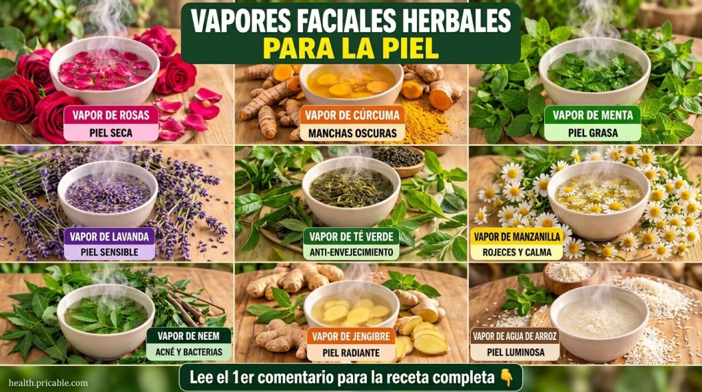A 3x3 grid showing nine different herbal facial steams each with a white ceramic bowl emitting steam and surrounded by r