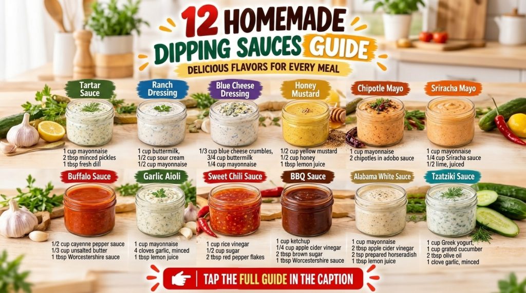 A top-down grid display of 12 different homemade dipping sauces each in a clear glass jar with names and key ingredients