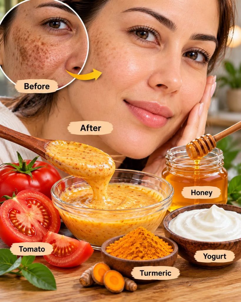 A split image showing a before shot of a woman s face with noticeable hyperpigmentation and an after shot with a clearer