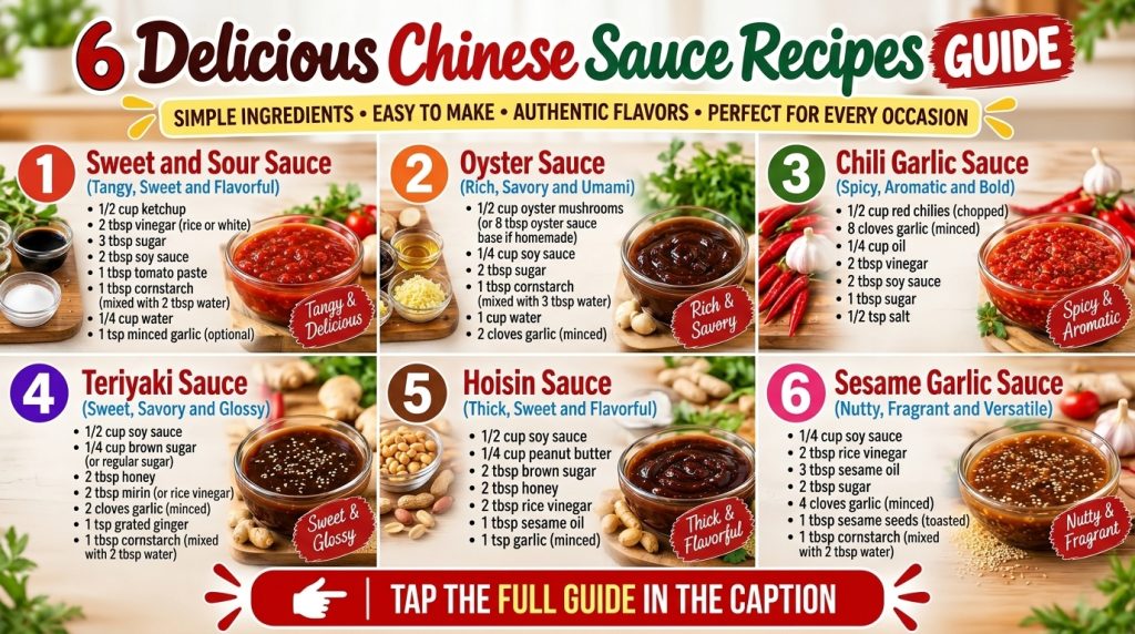 A clean and organized overhead shot of six distinct Chinese sauces in clear bowls with their key ingredients ginger garl