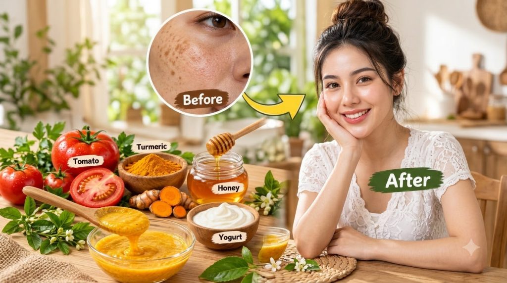 A Before After split image showing a woman s skin transformation from having dark spots to clear radiant skin Below are