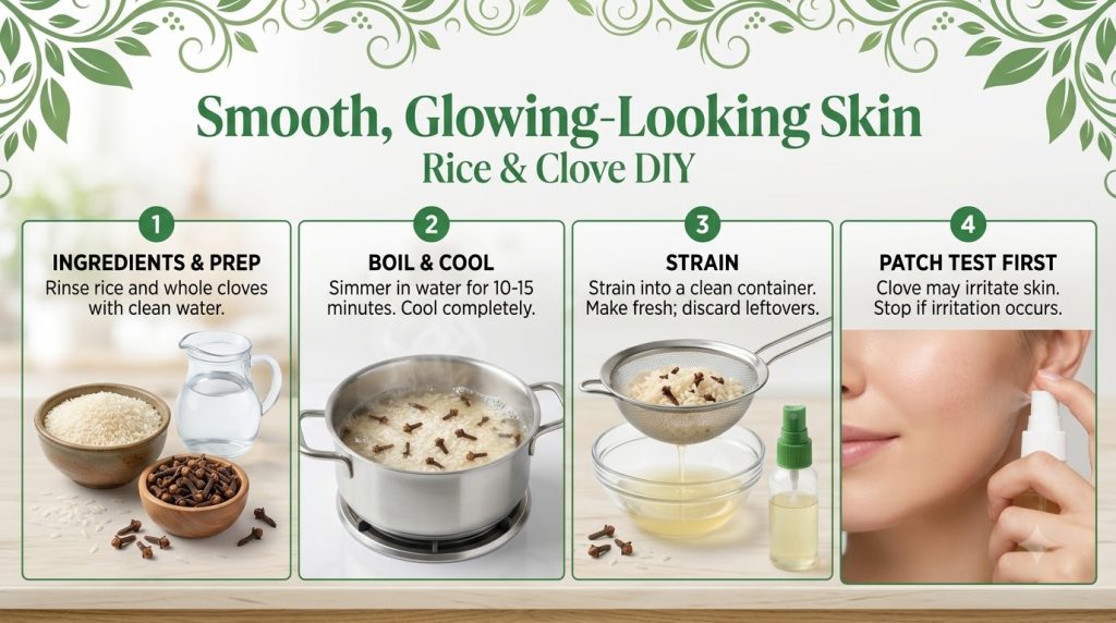 A 2x2 grid infographic showing the steps for a Rice Clove DIY for smooth glowing skin Panel 1 Ingredients rice whole clo