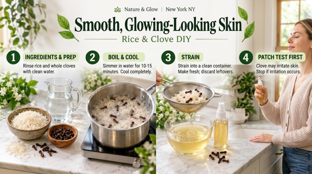 A four-panel grid showing the step-by-step DIY process for a rice and clove skin treatment 1 Ingredients rice cloves wat