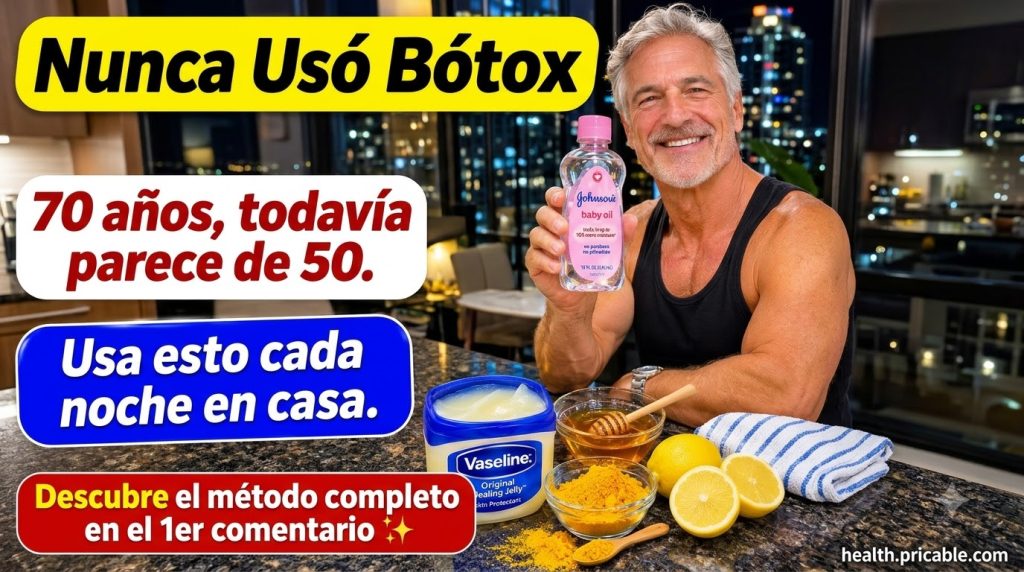 Un hombre de 70 años sonriendo con piel de aspecto joven sosteniendo una botella de aceite para bebés y un primer plano
