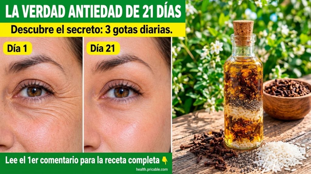A collage showing a Day 1 face with wrinkles and a Day 21 face with reduced wrinkles alongside a glass bottle of amber o
