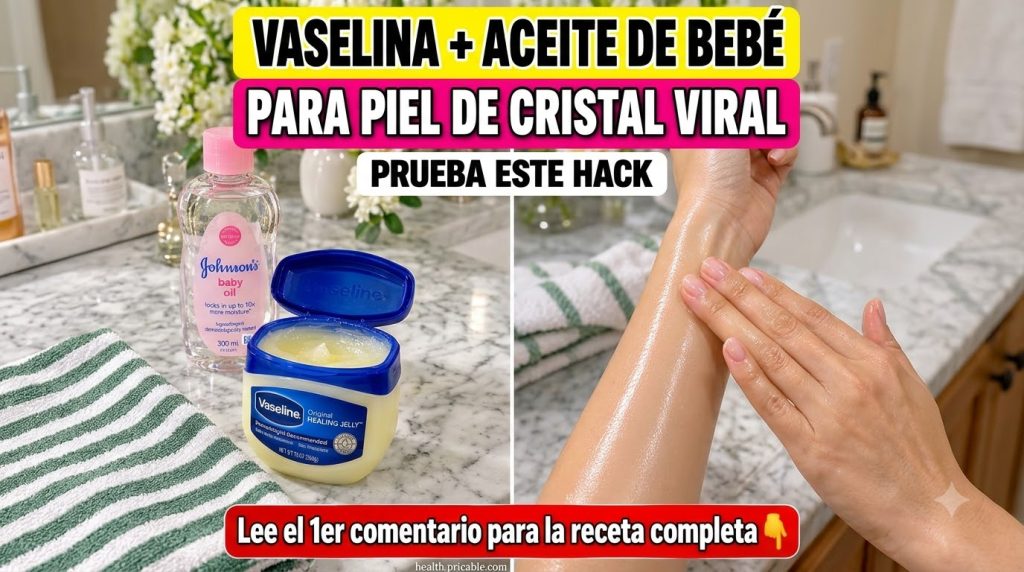 A hand dipping a finger into a jar of Vaseline next to a bottle of baby oil on a marble counter with blurred flowers in 