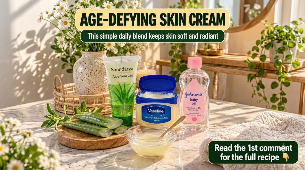 Ingredients for a homemade age-defying cream including aloe vera gel Vaseline Johnson s baby oil fresh aloe leaves and a