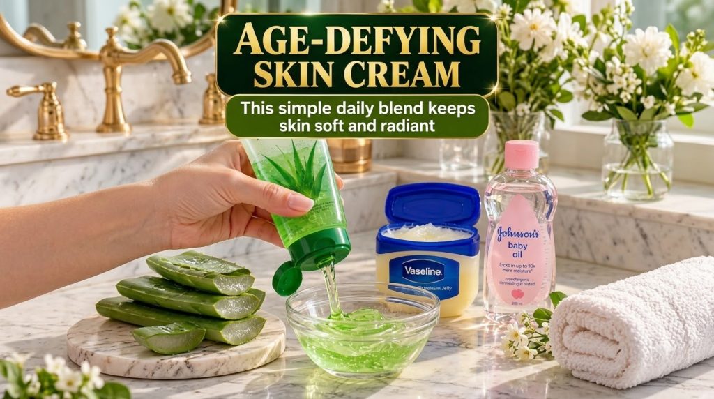 A hand squeezing aloe vera gel from a tube into a glass bowl with Vaseline baby oil and fresh aloe vera slices on a marb