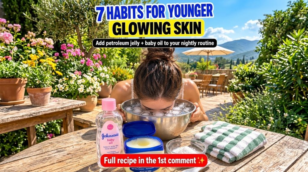 A woman gently submerging her face into a bowl of ice water outdoors with various skincare products like Vaseline and ba