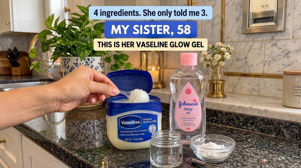 Ingredients for making a DIY Vaseline glow gel including an open tub of Vaseline a bottle of baby oil a small glass jar 
