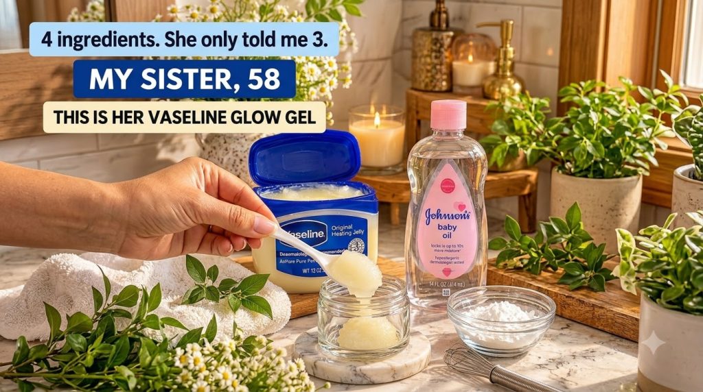 A hand holding a spoonful of a yellow viscous gel Vaseline and baby oil mix over a small glass jar with an open tub of V