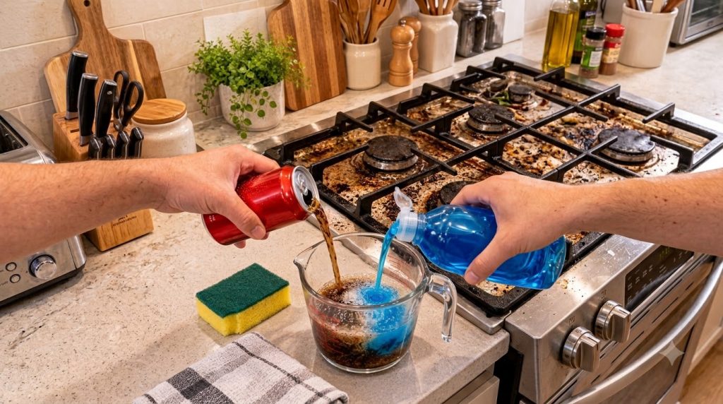 Two hands simultaneously pouring cola from a red can and blue dish soap from a bottle into a glass measuring cup creatin