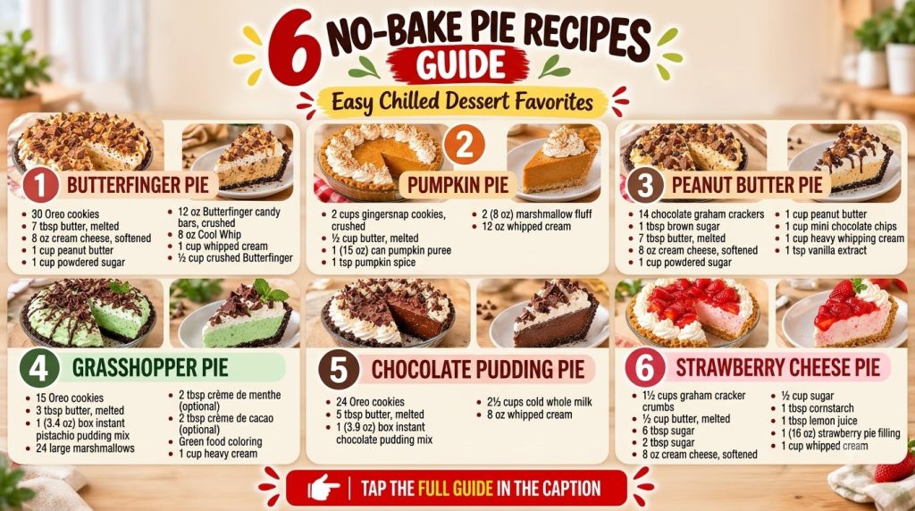A vibrant grid display of six different no-bake pies each with a slice removed and a serving on a plate The pies include