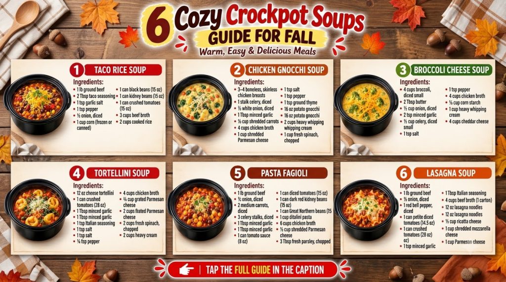 A collage of six different cozy crockpot soups with autumn leaves highlighting various comforting fall soup recipes