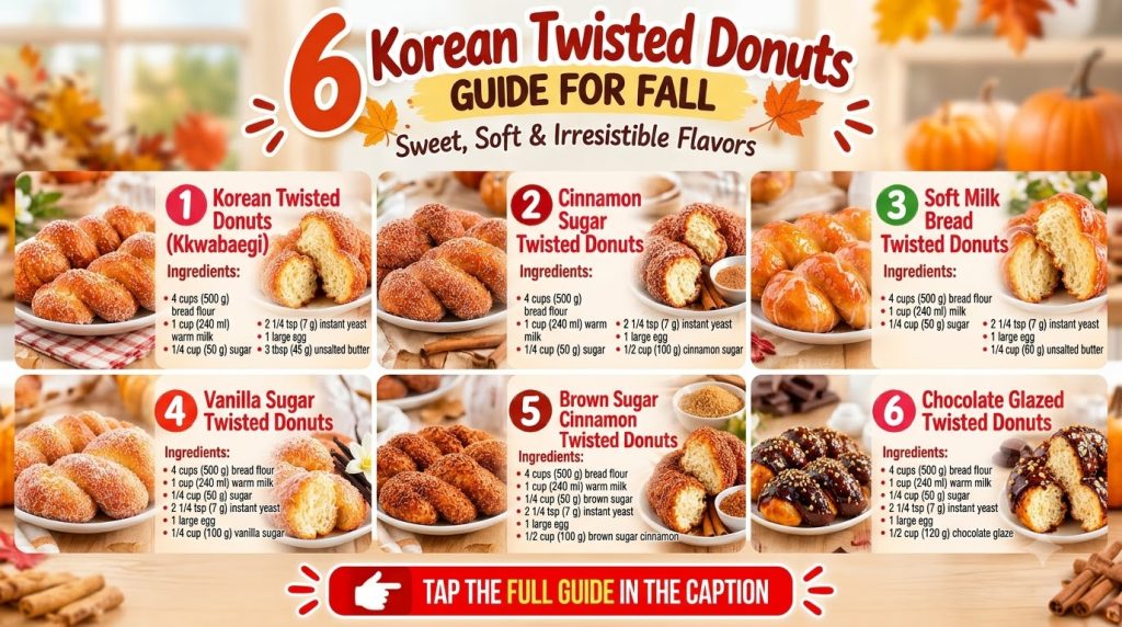 A vibrant display of six different types of Korean twisted donuts on a dark background each with unique coatings like su