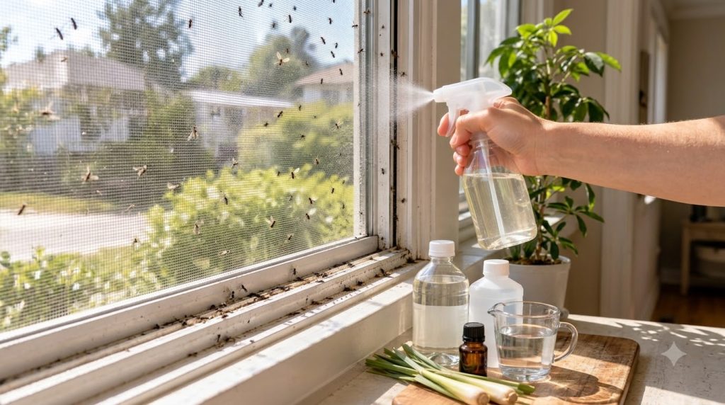 A hand spraying a natural insect repellent onto a window screen covered with small insects with fresh lemongrass and ess