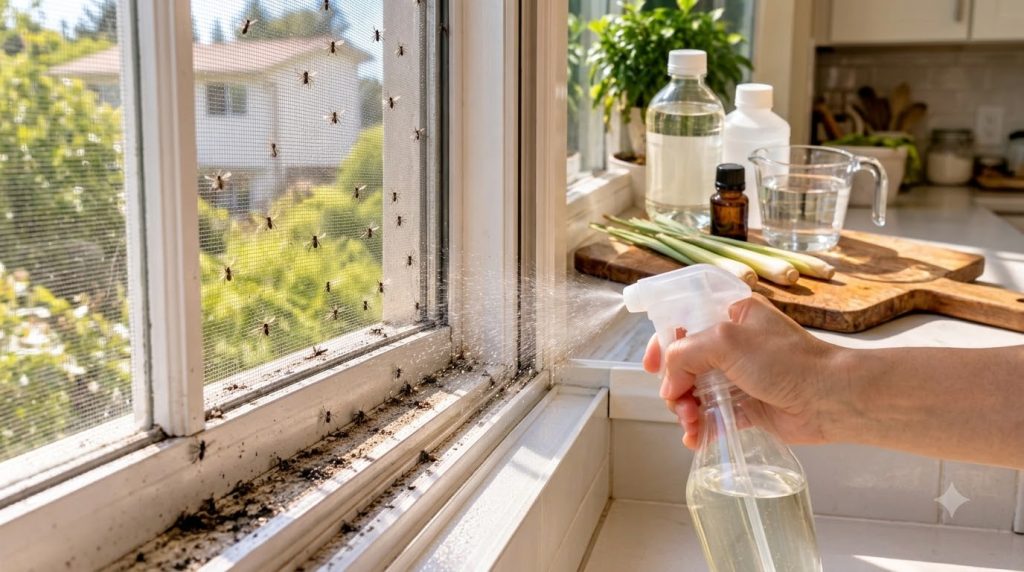A hand holding a spray bottle aiming at a dirty window frame and screen covered in dead insects and debris with hints of