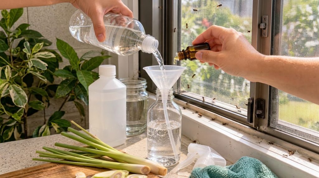 Hands pouring witch hazel and lemongrass essential oil into a funnel leading to a spray bottle with sliced lemongrass on