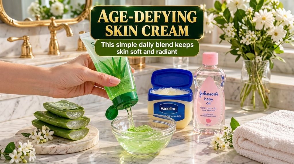 A hand squeezing vibrant green aloe vera gel into a glass bowl with an open tub of Vaseline Petroleum Jelly and a bottle