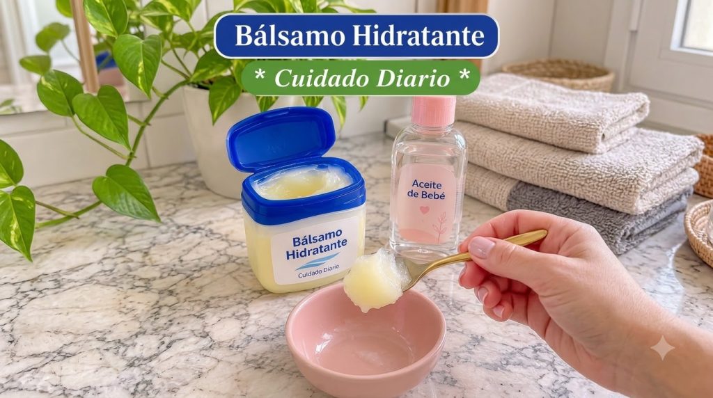 A jar of moisturizing balm and a bottle of baby oil on a light marble countertop A hand holds a golden spoon with balm s