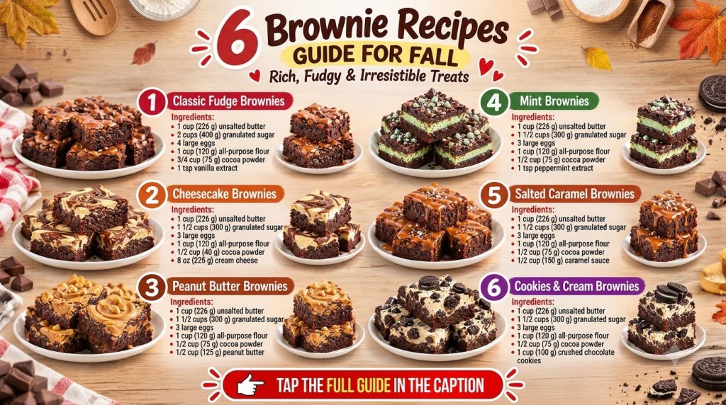 A grid of six different fall-themed fudgy brownie variations on white plates featuring toppings like caramel chocolate c