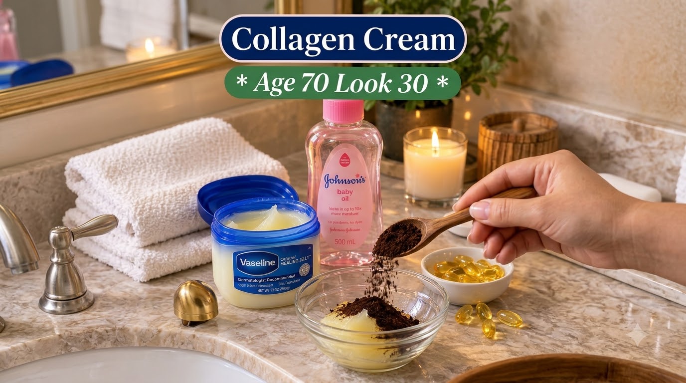 A close-up of a hand pouring coffee grounds into a glass bowl containing Vaseline petroleum jelly with other beauty ingr