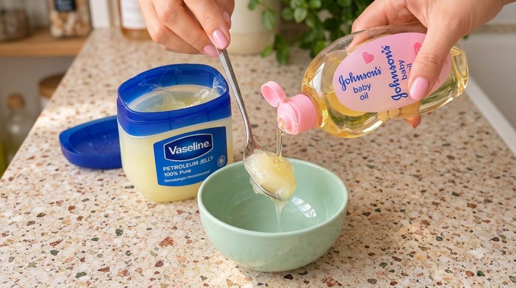 A person s hands preparing a mixture pouring Johnson s Baby Oil onto a spoonful of Vaseline Petroleum Jelly over a light