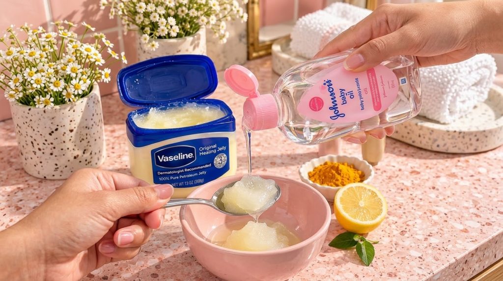 A hand pouring Johnson s Baby Oil onto Vaseline held on a spoon over a pink bowl with an open Vaseline jar white flowers