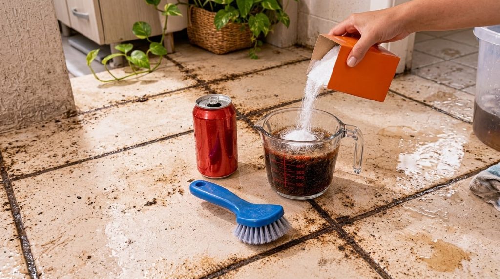 A hand pouring white baking soda from an orange box into a measuring cup filled with a dark carbonated beverage next to 