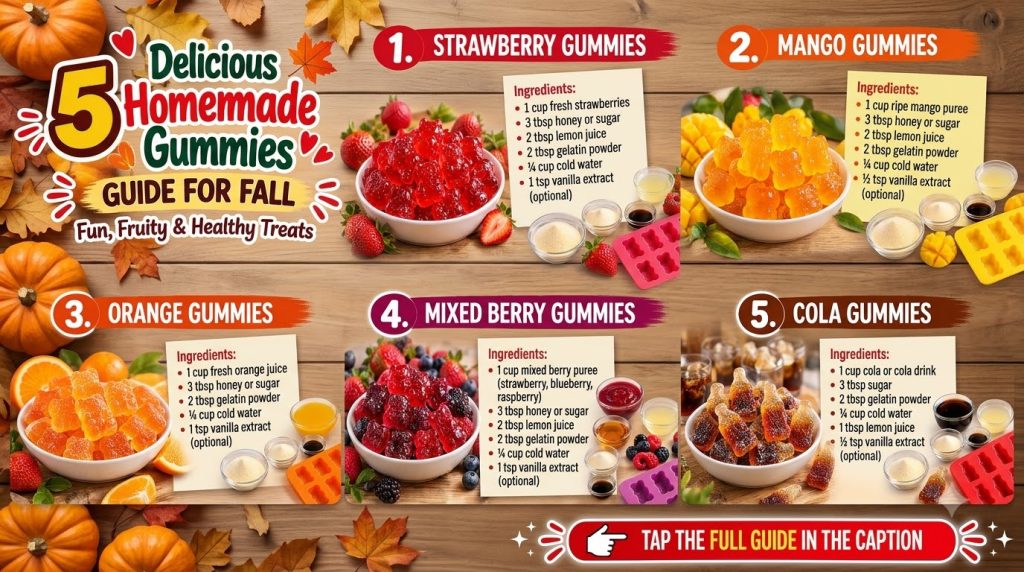 An infographic showing five different homemade gummy recipes Strawberry Mango Orange Mixed Berry and Cola Each section f
