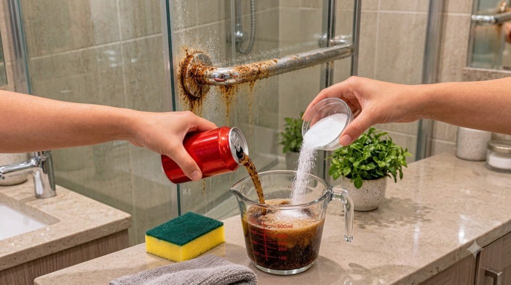 Two hands preparing a DIY cleaning solution in a glass measuring cup pouring cola and adding salt with a heavily rusted 