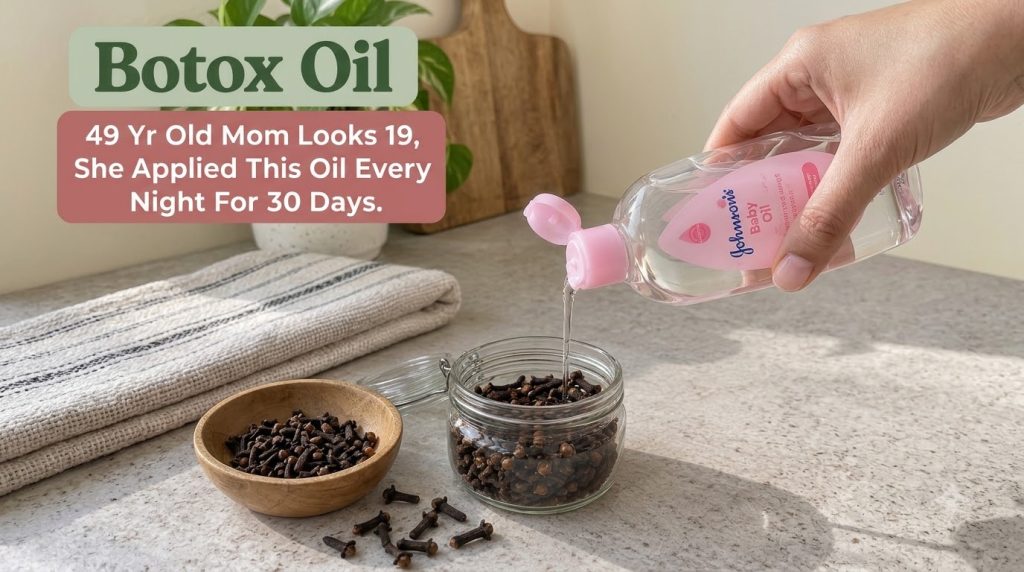 A hand pouring baby oil into a clear glass jar filled with dried cloves on a light-colored countertop with a potted plan
