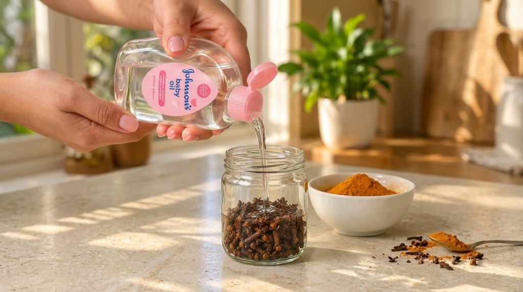 A hand pouring baby oil from a bottle into a clear glass jar filled with whole cloves with a potted plant and a bowl of 