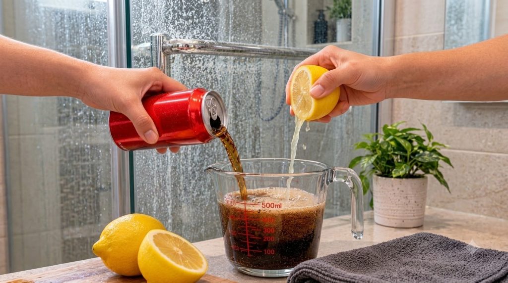 Two hands preparing a mixture for cleaning one pouring Coca-Cola from a red can into a measuring cup while the other squ
