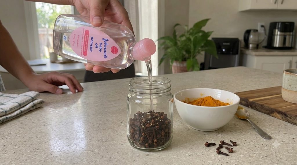 A hand pouring clear baby oil from a pink-capped bottle into a glass jar filled with dried cloves A small bowl of turmer