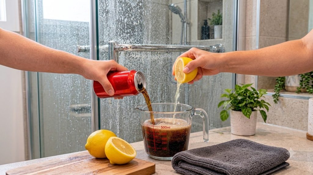 Hands mixing Coca-Cola and fresh lemon juice in a clear measuring cup with fizz and foam against a blurred background of