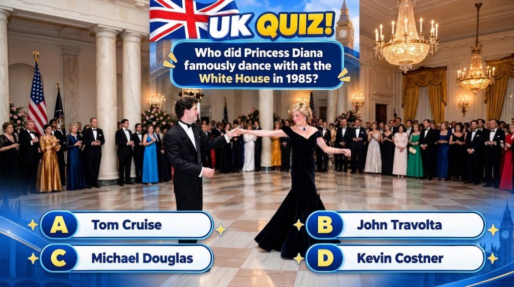 Princess Diana dancing with a man in a grand ballroom with a quiz overlay asking about her dance partner