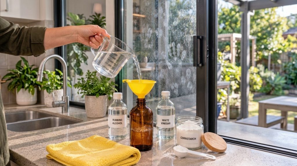 A hand pouring water through a yellow funnel into an amber spray bottle with bottles of rubbing alcohol white vinegar an