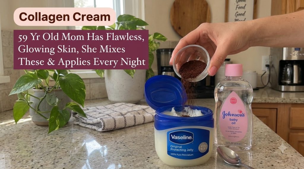 A hand pouring fine brown collagen powder from a small glass bowl into an open tub of Vaseline Original Protecting Jelly