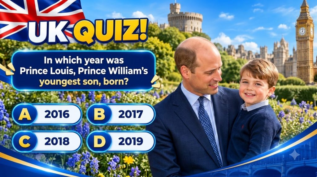 Prince William holding a smiling young Prince Louis in a lush green garden with purple flowers Historic British architec