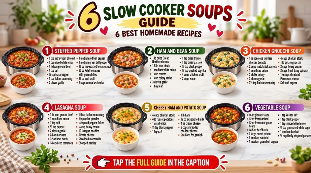 A visual guide titled 6 Slow Cooker Soups Guide displaying various slow cookers filled with different soups their ingred