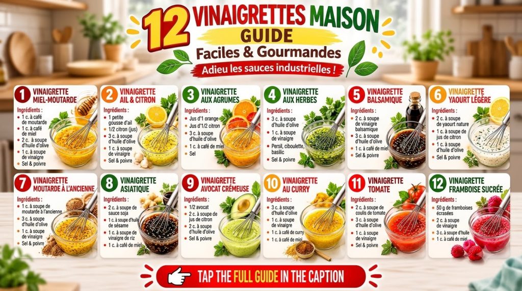 A vibrant collage of 12 different homemade vinaigrettes in glass bowls each with a whisk and fresh ingredients There s a