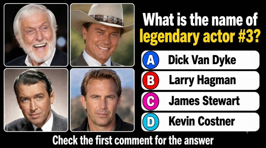 A quiz card showing four classic male actors in a 2x2 grid with a question below asking What is the name of legendary ac