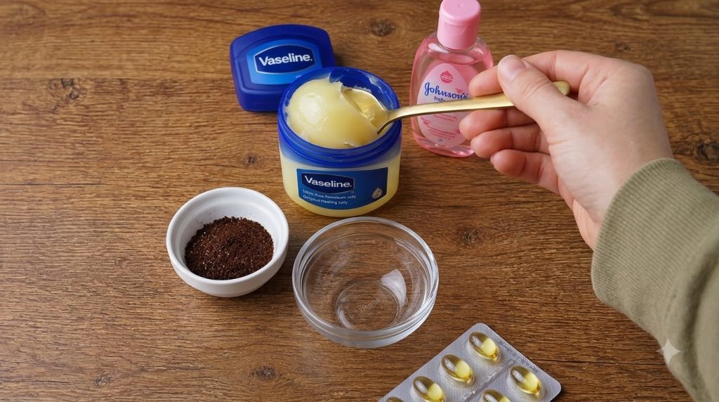 A flat lay of ingredients for a DIY beauty scrub on a warm wooden surface featuring an open jar of Vaseline with a golde