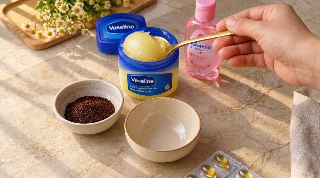 A collection of DIY beauty ingredients on a light countertop including a jar of Vaseline with a spoon a bottle of baby o