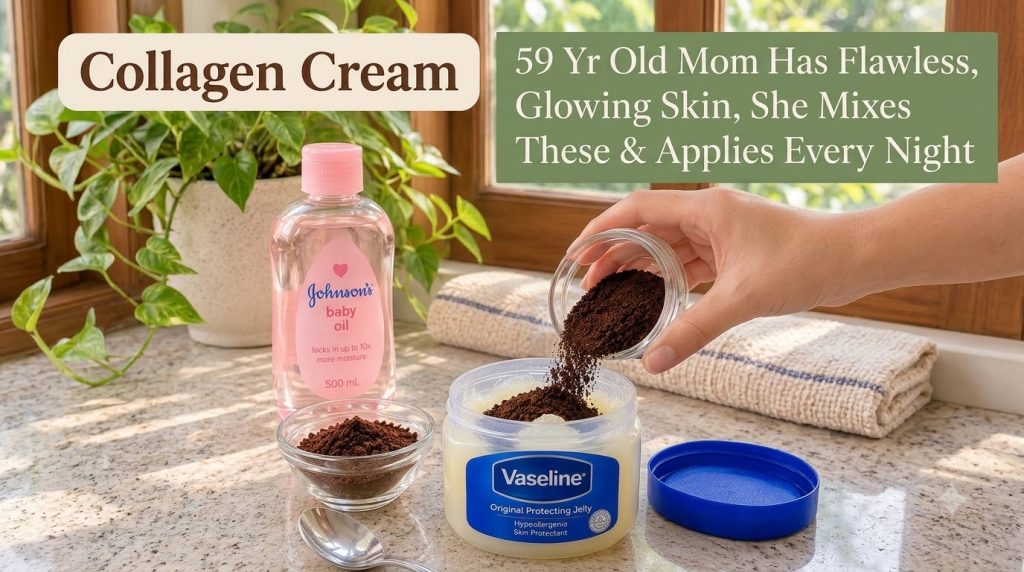 A hand mixing dark ground coffee into a container of Vaseline petroleum jelly on a kitchen countertop with a small bowl 
