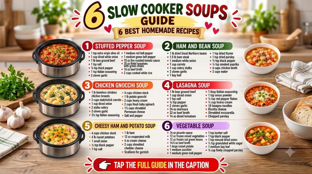 An infographic showing 6 different slow cooker soups each with a slow cooker and a serving bowl of soup and its ingredie